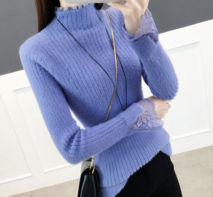 Свитер с воротником из искусственного норкового флиса, женский модный кружевной лоскутный пуловер, эластичная узкая вязаная нижняя рубашка