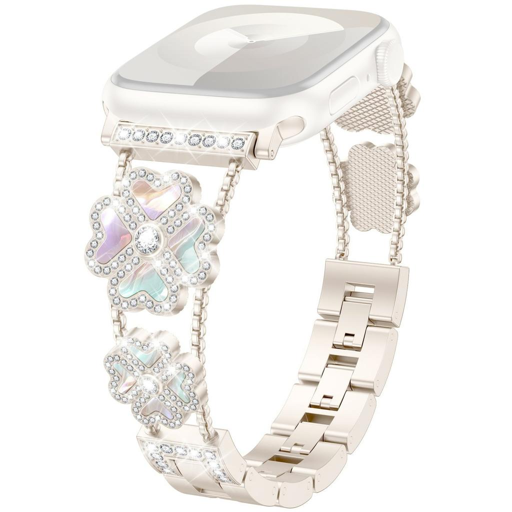 Metal Strap for Apple Watch Series 10 9 8 7 SE 6 5 4 3 2 1 42mm 41mm 40mm 38mm Heart Clover Rhinestone Decor Watch Band