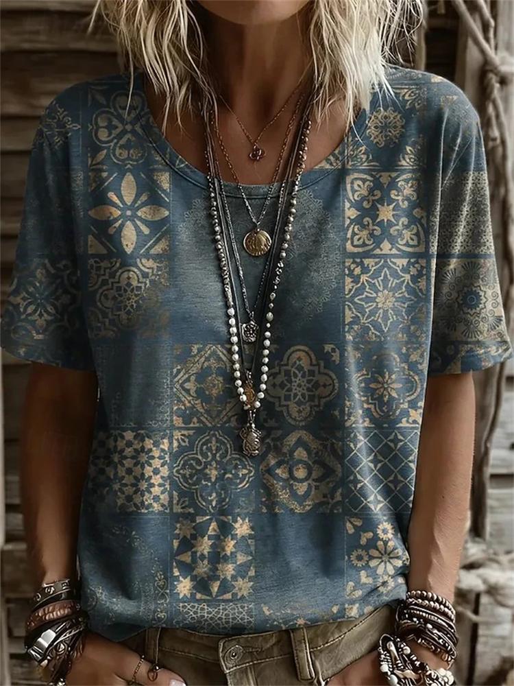 2026 Summer Fashion Women's Short-Sleeve T-Shirt Elegant Floral Print Round-Neck Top Casual-Style Women's Short-Sleeve Shirt