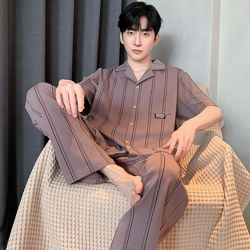 Мужской пижамный комплект из 100% хлопка в клетку с короткими рукавами и кардиганом