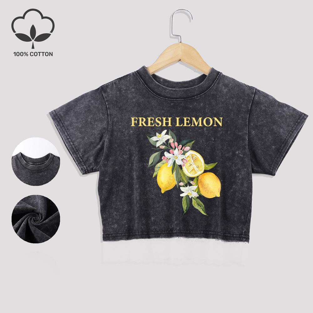 Креативные принты с лимонным узором Хлопковые кроп-топы Уличные Летние Футболки с кружевной отделкой Повседневная одежда
