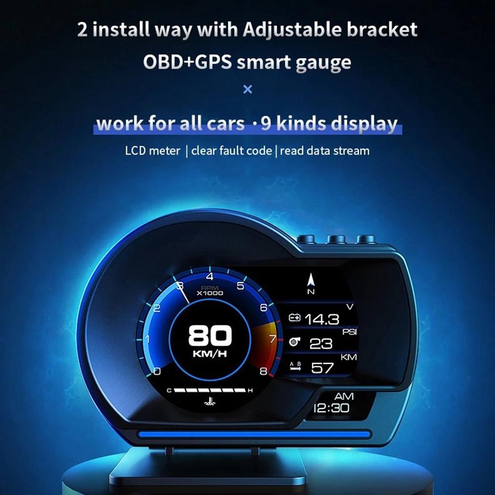 OBD2+GPS Smart Gauge Time Speedometer Car Head Up Display Digital Odometer Multiple Alarm Functions Fault Diagnosis Clearing Tur