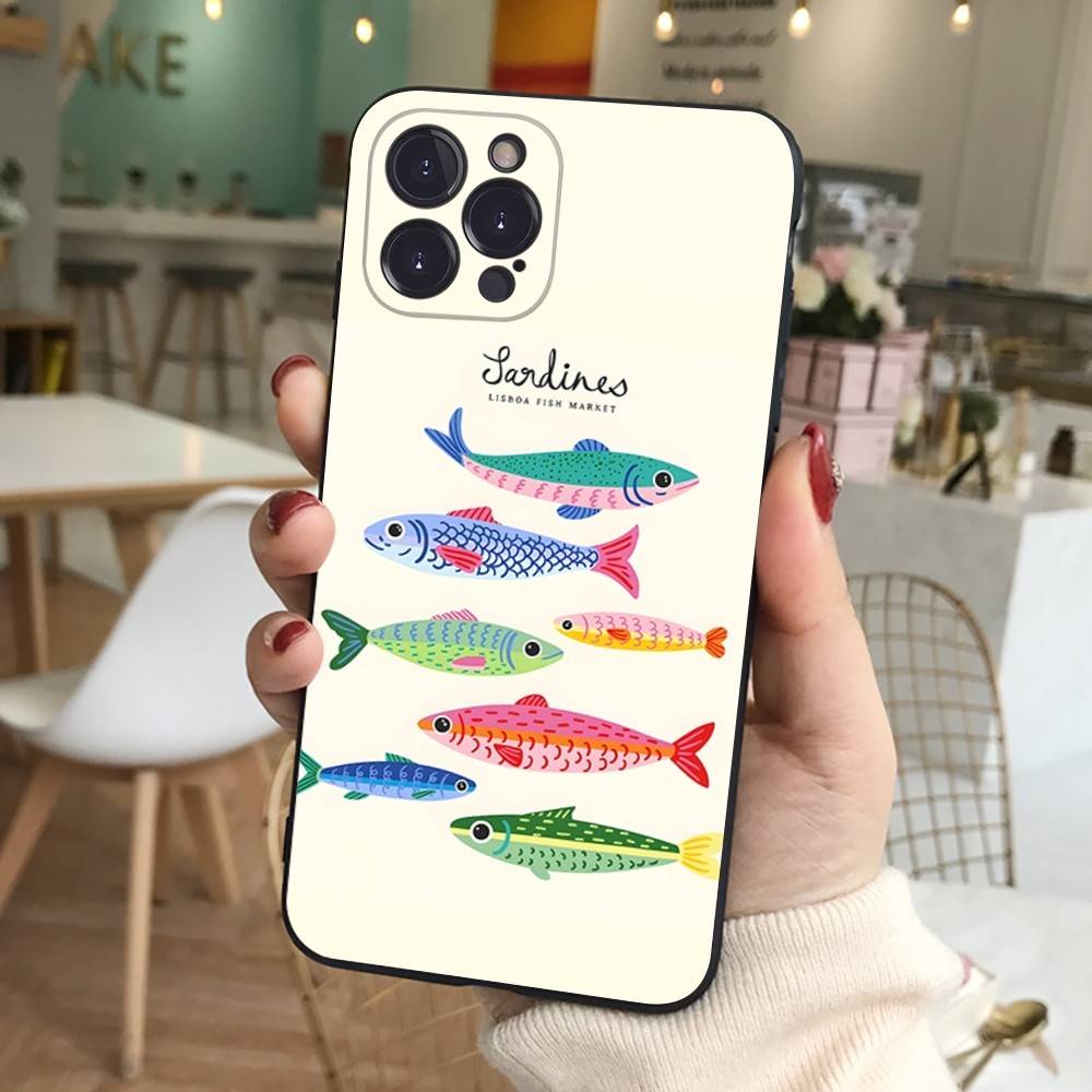 Силиконовый чехол для телефона с сардинами для iPhone 11 12 13 14 15 16 17 Pro Max Черный чехол