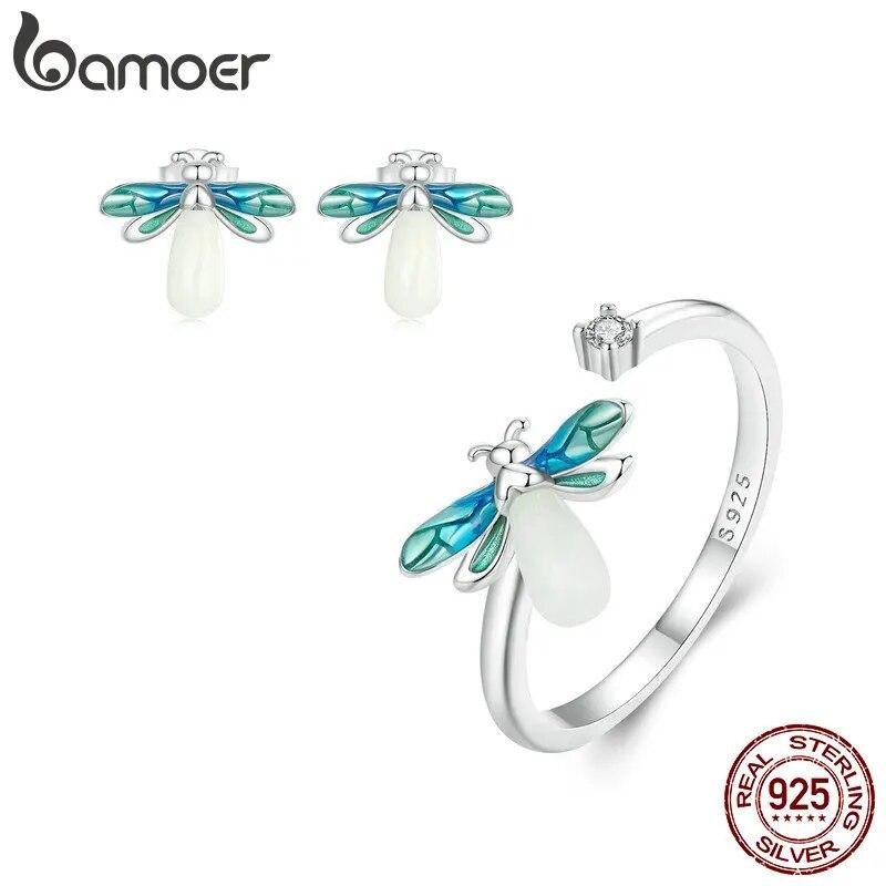 BAMOER 925 Sterling Silver Luminous Firefly Adjustable Ring & Earrings Jewelry Set Glow-in-the-dark Bee Opening Ring for Women