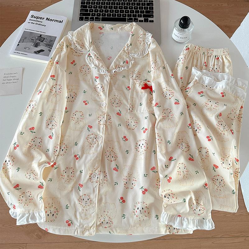 Пижама женская из имитации хлопка Wind Cherry Bunny на весну и осень, с длинным рукавом и тонкой отделкой краев «лепесток лотоса», домашняя одежда, реальное фото