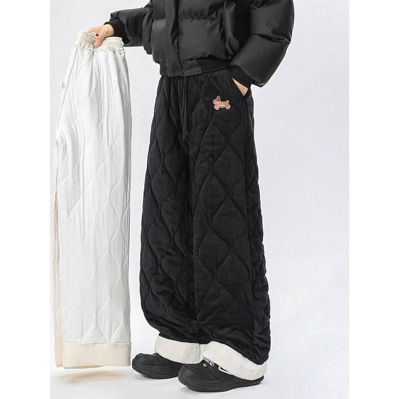 Мужские стеганые теплые хлопковые брюки в американском стиле, зимние брюки прямого кроя с вышивкой таксы, винтажные свободные повседневные брюки на флисовой подкладке