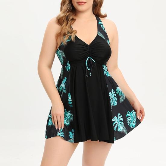 2Pcs/Set Plus Size Swimsuit Set V-Neck Halter Flowy Hem Tops Boxer Trunks Set