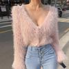 Fluffy Short Sweater Sexy V-neck Long Sleeved Single Breasted Coat Korean Chic Knitting Top Fashion Pink Cropped Cardigan Mujer