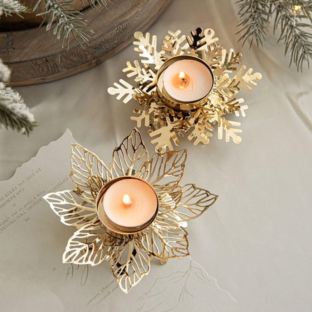 Modern Snowflake Candle Holders Golden Iron Christmas Candleholder Flower Shape Candlestick Tabletop Ornaments