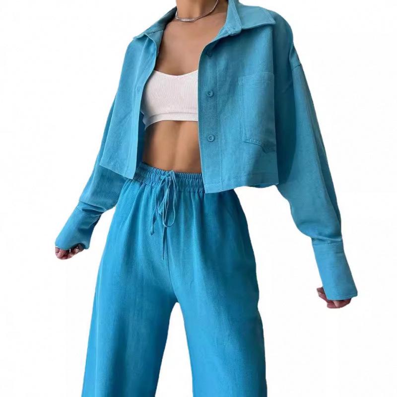 Комплект рубашки с длинным рукавом и брюк на кулиске однотонного цвета, европейский и американский стиль, 2025 год