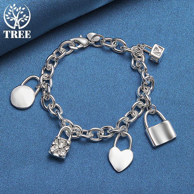 925 Sterling Silver Bracelet Heart / Circle / Square Lock Bracelets Bangles Jewelry