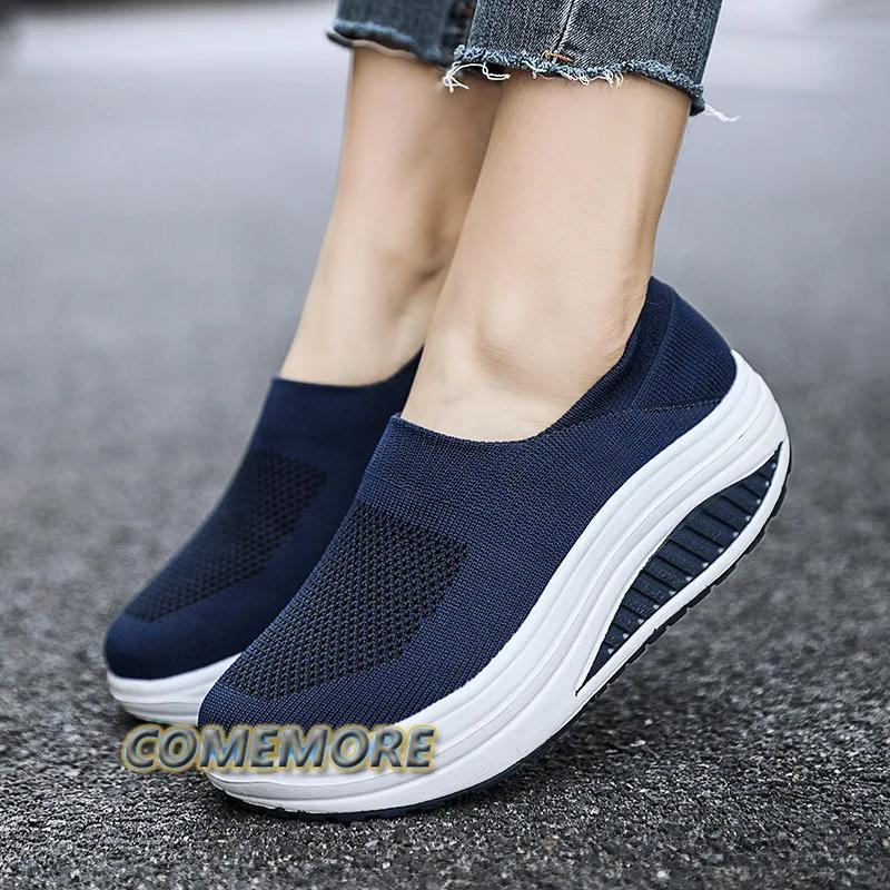 Модные дышащие сетчатые женские туфли на танкетке, туфли на каблуках, женские вязаные носки, кроссовки, женская повседневная обувь на платформе, весна-осень