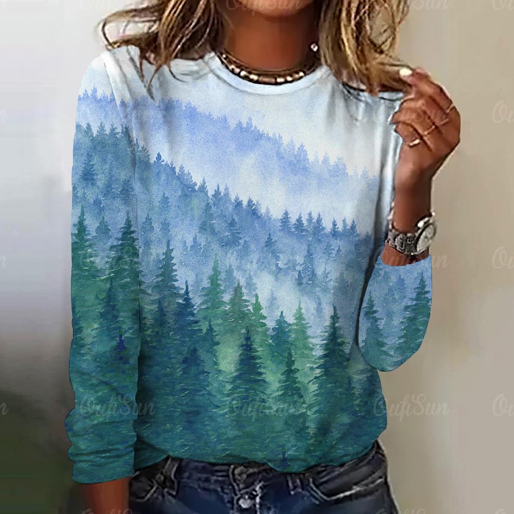 Женская футболка с принтом природы, модная повседневная футболка с длинным рукавом, дышащая повседневная дизайнерская одежда