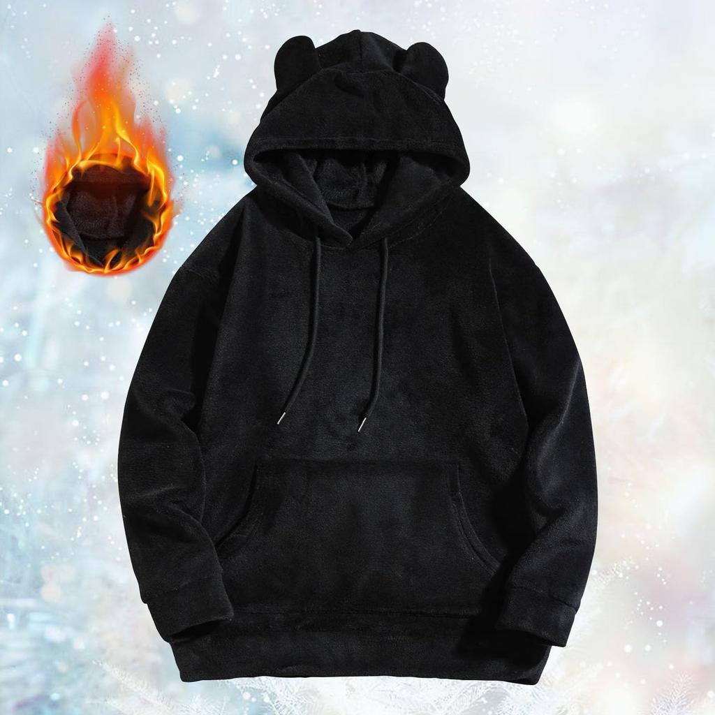 Осенне-зимняя взрывная однотонная теплая коралловая бархатная толстовка с капюшоном с ушками медведя, симпатичная утолщенная мужская