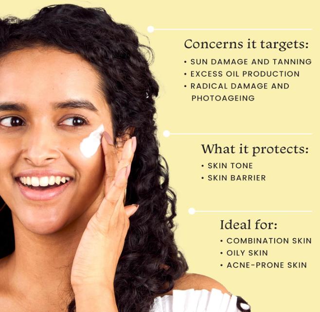 The Mattifying Sunscreen is Vegan, Dermatologically Tested, Cruelty Free, Sulphate Free, Paraben Free, and has a pH of 6-6.5. The