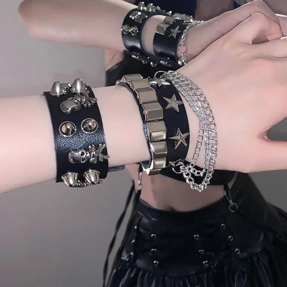 Wide PU Leather Skull Cone Spiked Bracelet, Gothic Punk Adjustable Snap Wrist Cuff Unisex Rock Wristband