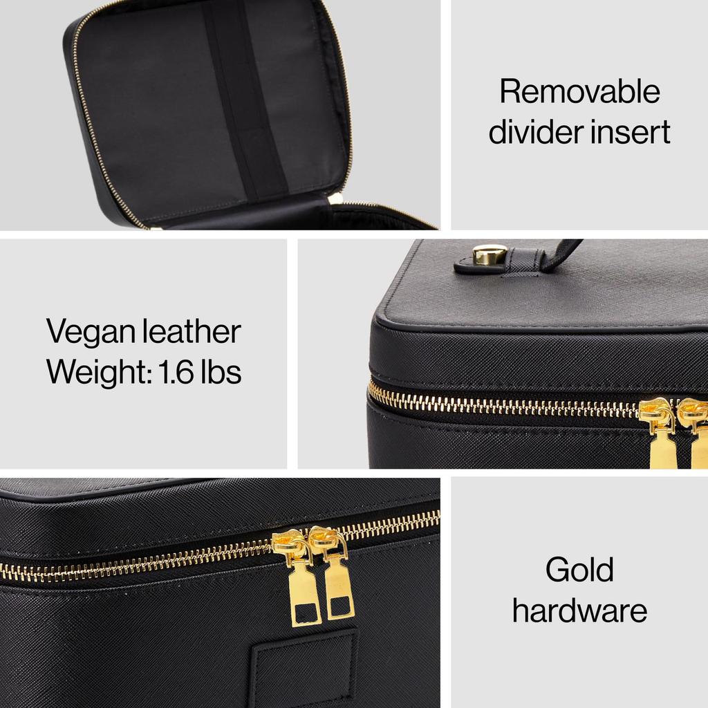 Portable Cross-Grain Leather Cosmetic Bag with Gold Hardware - Makeup and Skincare Travel Organizer