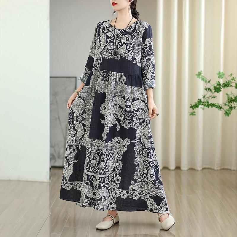 Long Sleeve Plus Size Cotton Vintage Floral New In Dresses for Women Casual Loose Spring Summer Autumn Dress