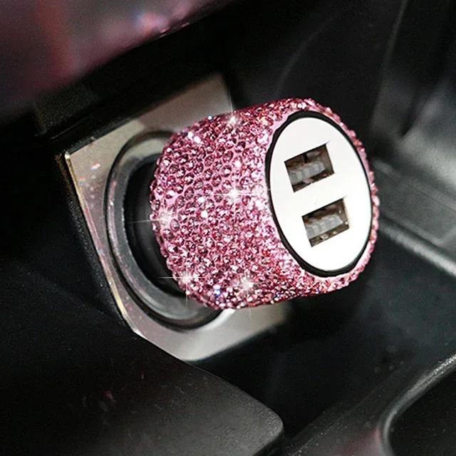 Блестящее USB-автомобильное зарядное устройство 5 В 2,1 А, двойной порт, быстрый адаптер, розовое автомобильное украшение, стайлинг автомобиля, бриллиантовые автомобильные аксессуары, интерьер для женщины