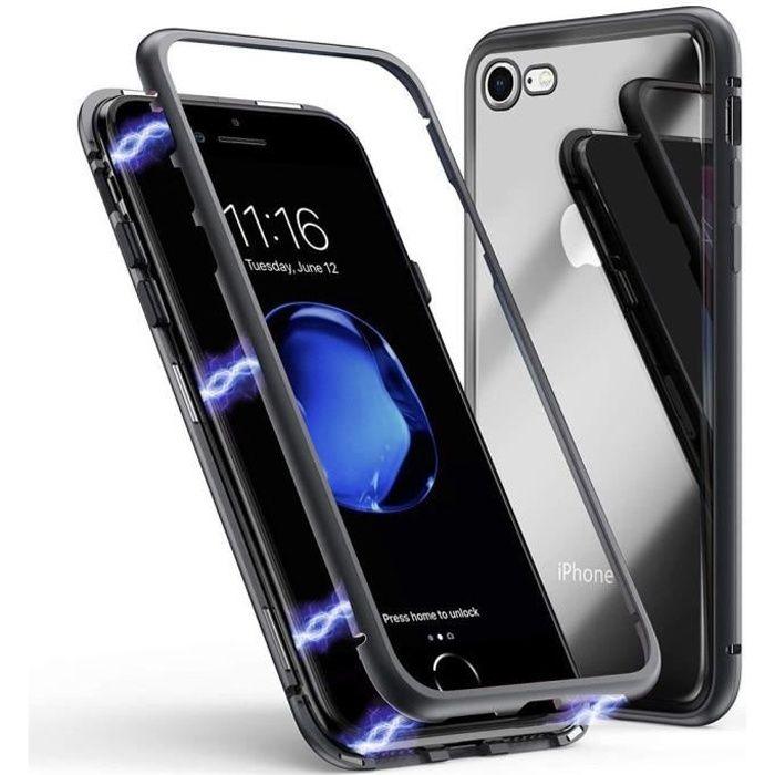 Coque pour iPhone SE 2020 - Coque Magnetique Noir Housse Etui 360 Intégral Verre Trempé Film Protection Ecran Phonillico®
