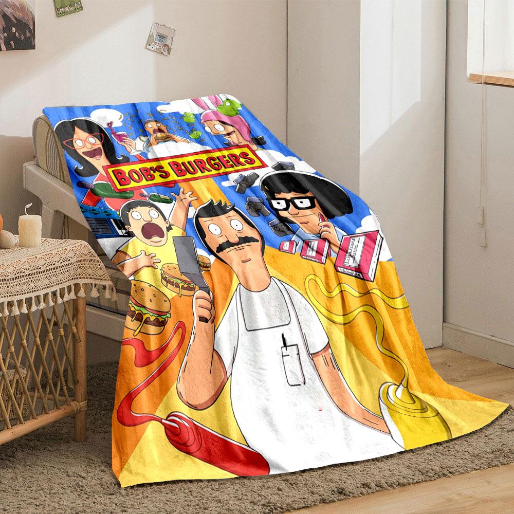 Cartoon characters surrounding a "Bob's Burgers" sign with food and items. for all seasons blanket lunch break throw gift