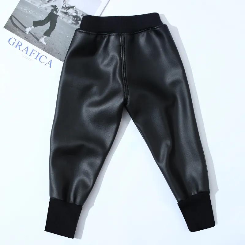 Детские кожаные штаны осень-зима плюс бархат утолщенные теплые и ветрозащитные кожаные штаны водонепроницаемые детские штаны на шнурке