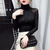 Black Women Half Turtleneck Long Sleeve Pullovers Net Yarn Patchwork See Through Slim Tops