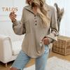 Женские топы с пуговицами на лацканах, с полузастежкой, длинным рукавом, накладным карманом, пуловеры, однотонные свободные трикотажные топы