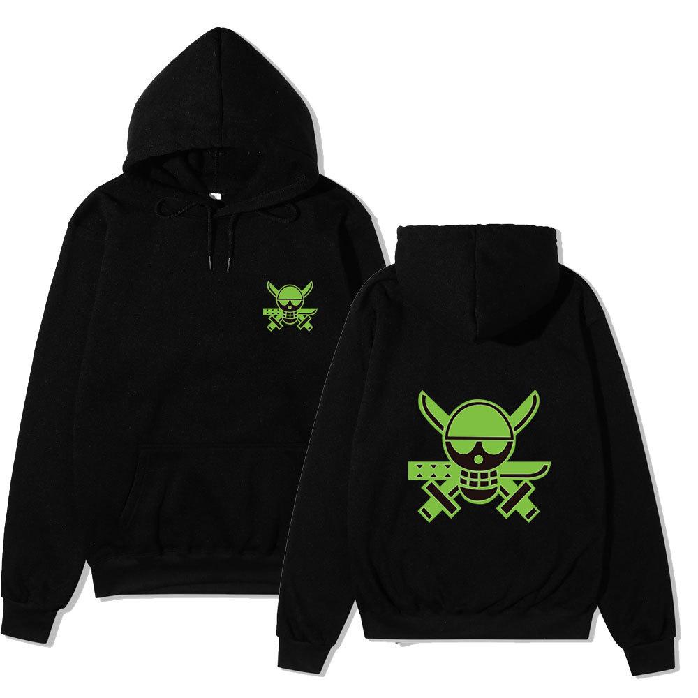 One Piece Roronoa Zoro Hoodie, Front Small Back Large Zoro Skull Logo Print Pullover Sweatshirt Unisex Streetwear