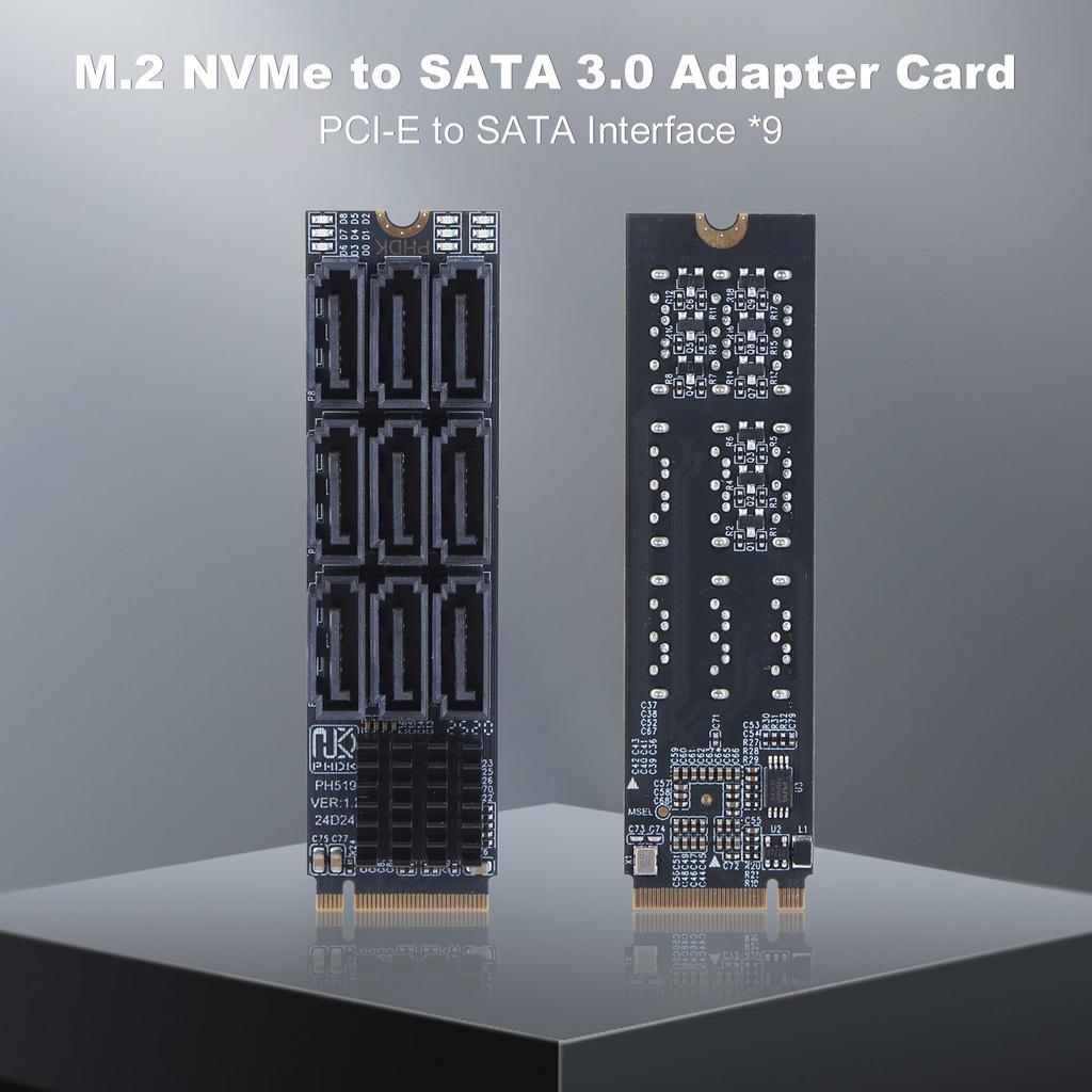 M.2 NVME To SATA 3.0 Converter 6Gbps M.2 NVME M-Key To SATA 9-Port Expansion Card PCIE 3.0 X2 Hard Disk Capacity for Desktop PC