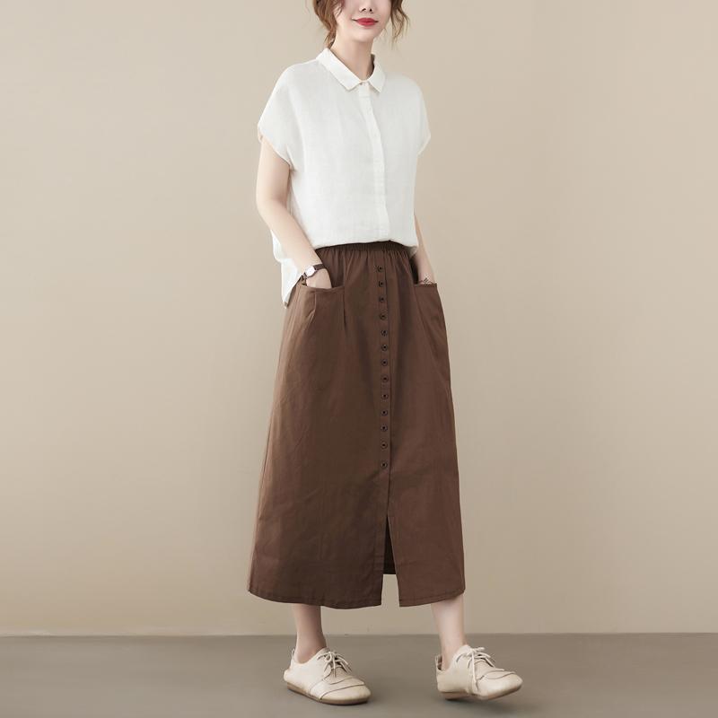Plus Size Spring Summer Women Midi A-Line Skirt High Waist Black Khaki Coffee Buttons Skirt With Pockets Cotton Linen Simple Skirt