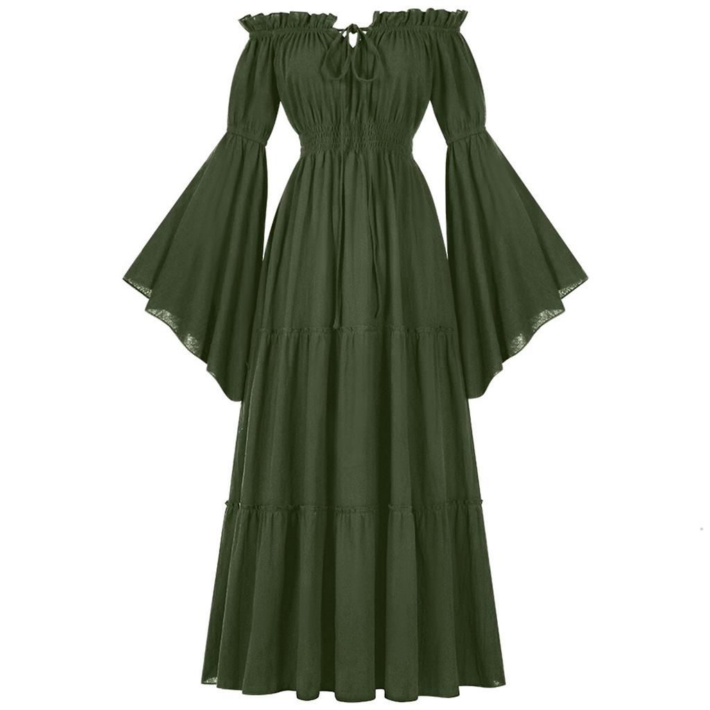 Women's Off-Shoulder Dress Bell Solid Color Long Sleeve Elastic Tiered Flowy Long Dresses Costume