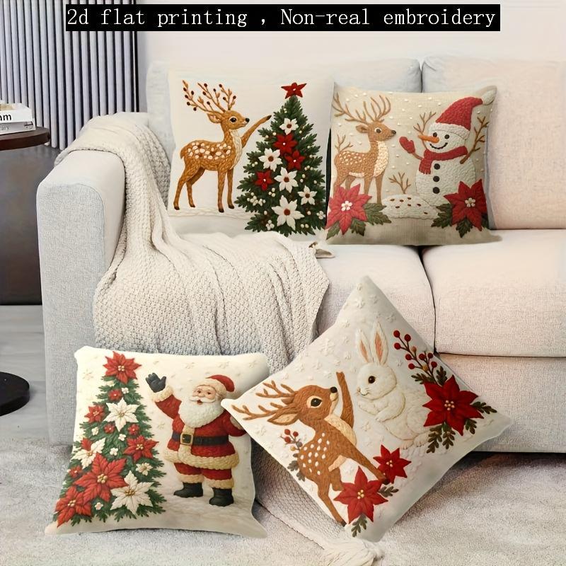 4Pcs 2D Flat Print Christmas Pillow Covers,Vibrant Holiday Design,Soft Polyester Zippered Washable For Living Room Outdoor Decor