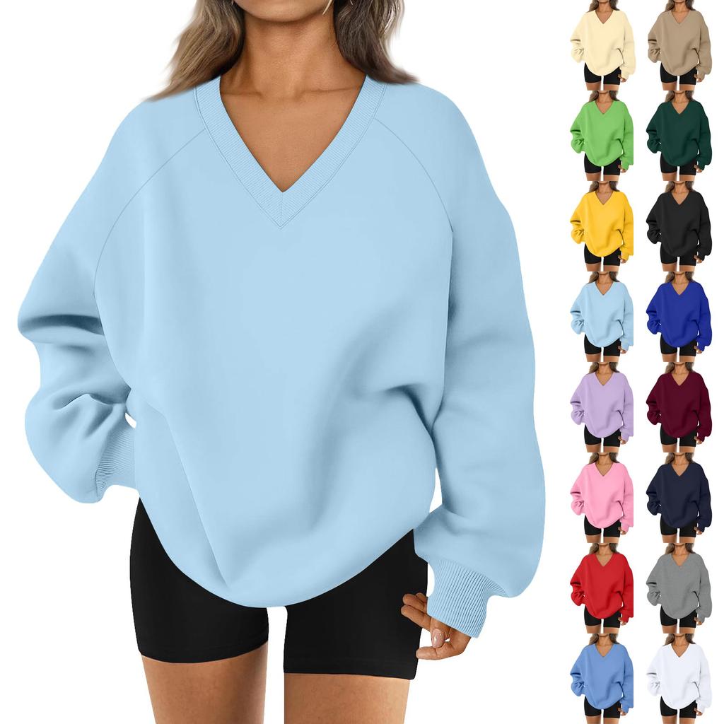 Ladies Long Sleeve Solid Color V-neck Sweatshirt
