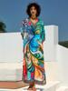 2024 Boho Chic Printed V-образный вырез с рукавами «летучая мышь» Свободный кафтан Летний отпуск Пляжное платье Купальник Накидка Уютная домашняя одежда Халат Q1690