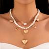 3pcs Baroque Pearl Beads Chain Retro Heart Alloy Pendant Necklace Set Fashion Holiday Seaside Multilayer Elegant Choker Y2K Jewelry for Women
