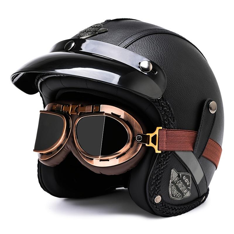 Ретро шлем для мотоцикла Harley 555-Черная кожаная маска для лица Ветровое стекло Четыре сезона Круизный мотоцикл Шлем три четверти