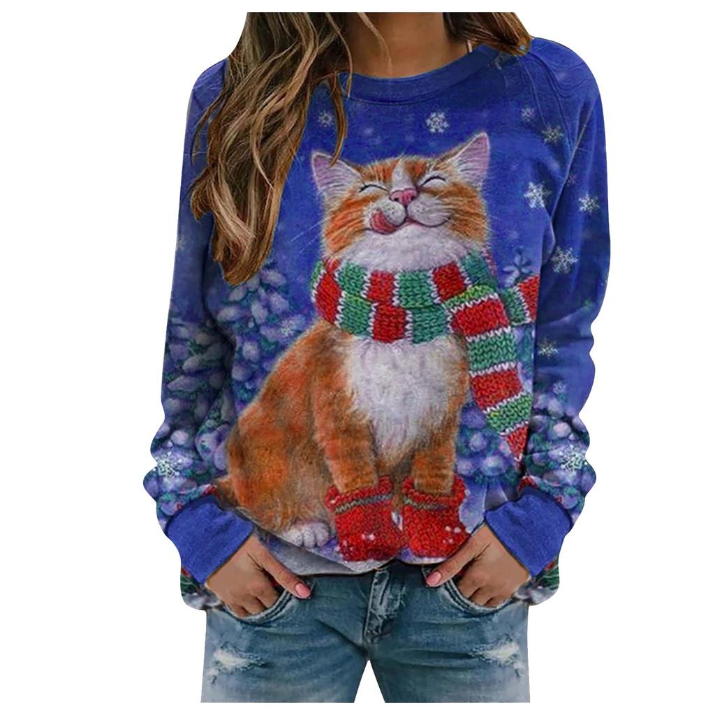 Женская повседневная мода рождественский принт длинный рукав O-образный вырез пуловер топ корейская популярная одежда y2k