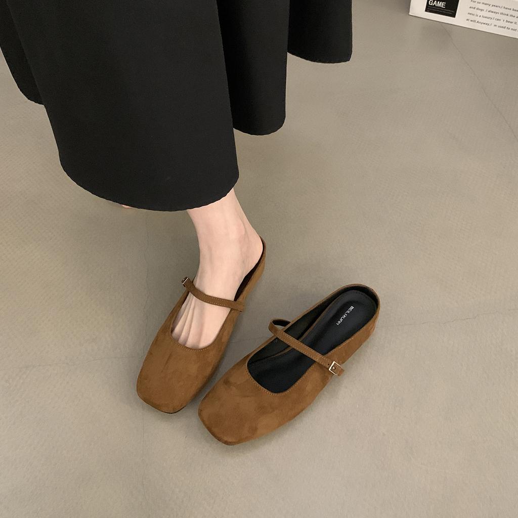 Inner Heightening Bag Head Half Slippers Women Wear 2024 Autumn New French Retro Suede Fairy Style Mary Jane Shoes