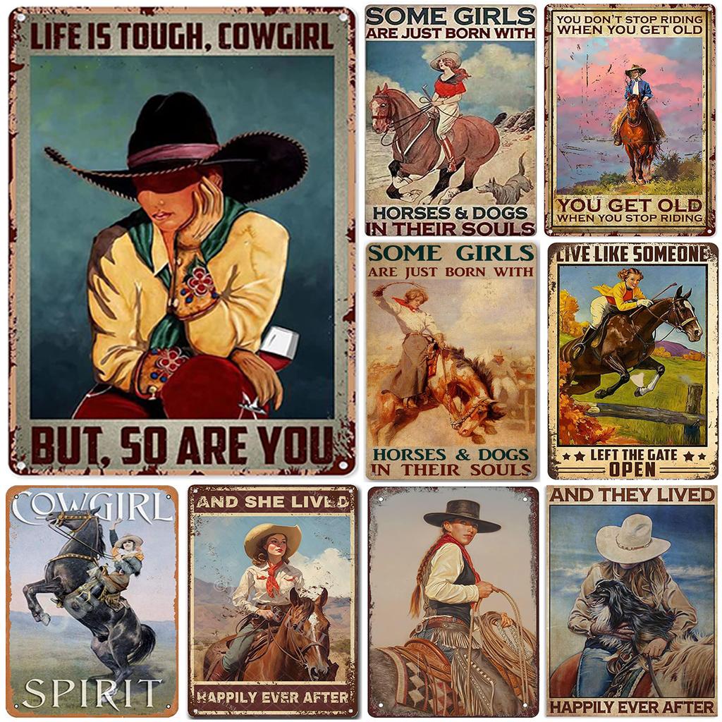 Vintage Cowgirl Metal Sign Retro Western Horse Riding Quote Tin Plaque for Home Bar Farmhouse Decor Life is Tough Spiritually Wi