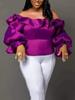Фиолетовая блузка с открытыми плечами и оборками, женские топы с длинными расклешенными рукавами, облегающие летние модные рубашки больших размеров, блузки