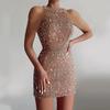 Women Prom Dress Off Shoulder Sleeveless Shiny Sequin Sheath Slim Fit Tight Waist Halter Neck Cocktail Party Evening Dress Summer Mini Dress
