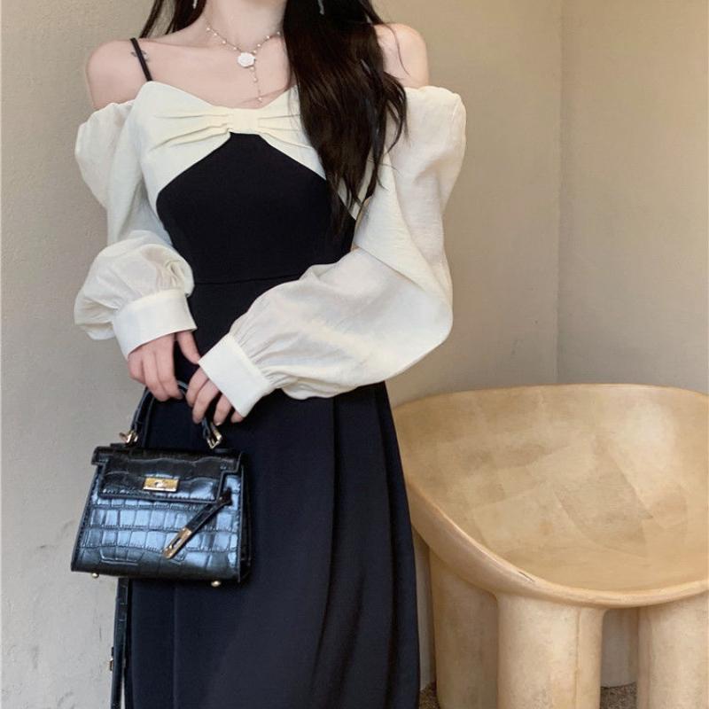 Темпераментное женское платье с длинными рукавами в стиле Хепберн, тонкая, с высокой талией, черная длинная юбка с лямкой на шее, плиссированная молния с дизайном