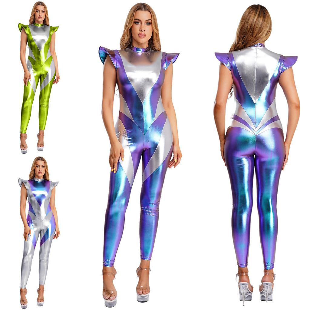 Womens Metallic Iridescent Alien Jumpsuit Fly Sleeve Leggings Unitard Space Cosplay Costume