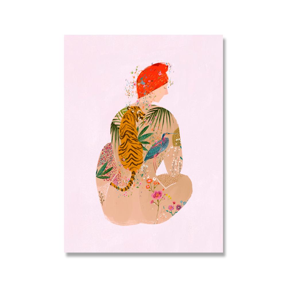 Abstract Tattooed Woman Wall Art Canvas Painting Prints Girl with Animal Flower Pictures Living Room Bedroom Wall Posters Decor