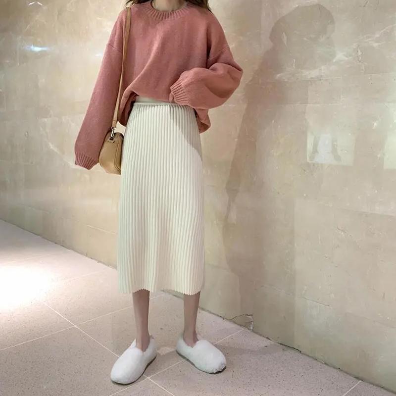 WTEMPO Однотонные трикотажные юбки трапециевидной формы, женские прямые миди в корейском стиле, элегантные, шикарные, весенне-осенние, теплые длинные юбки