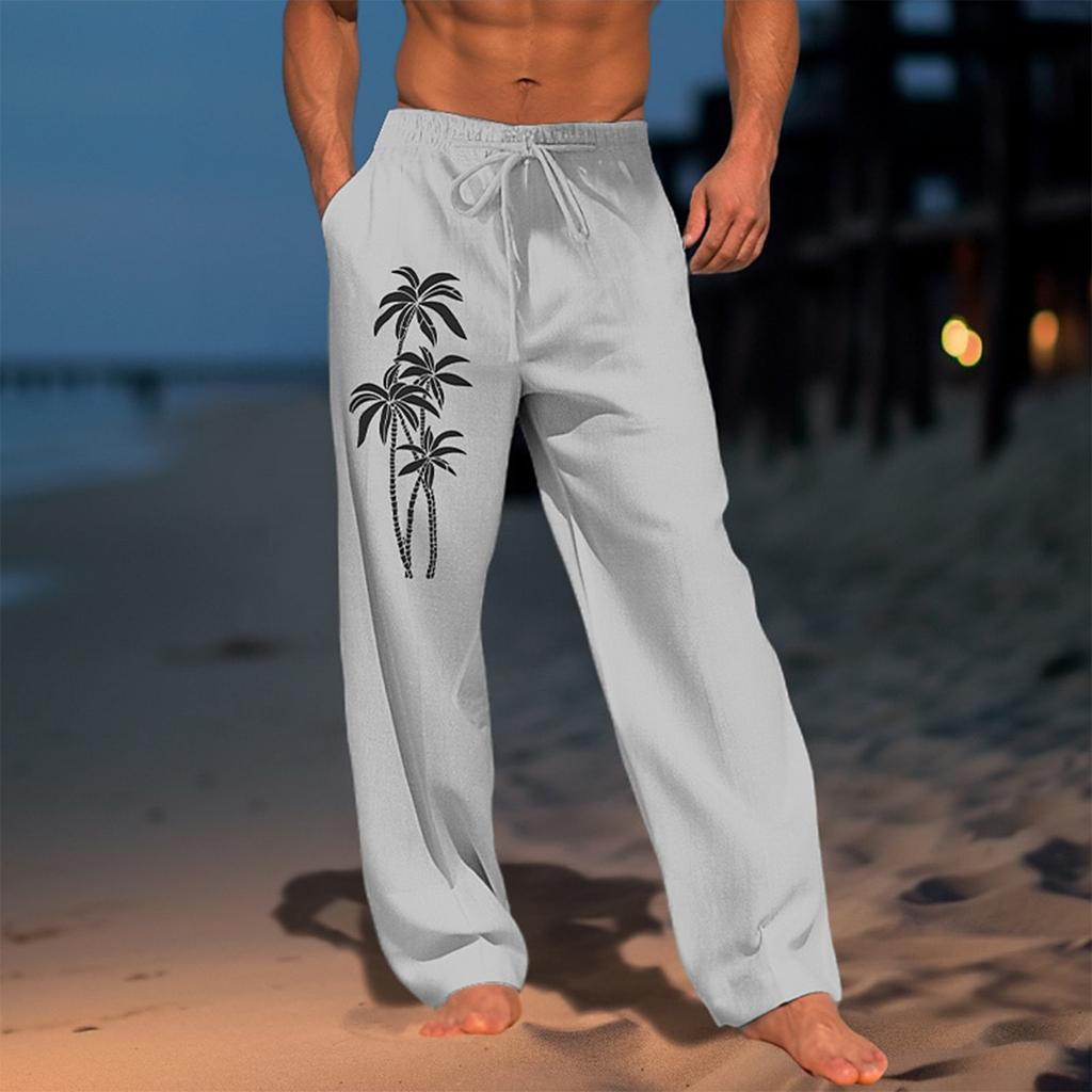 Men's Casual Loose And Comfortable Casual Pants Cotton Linen Printed Drawstring Trousers