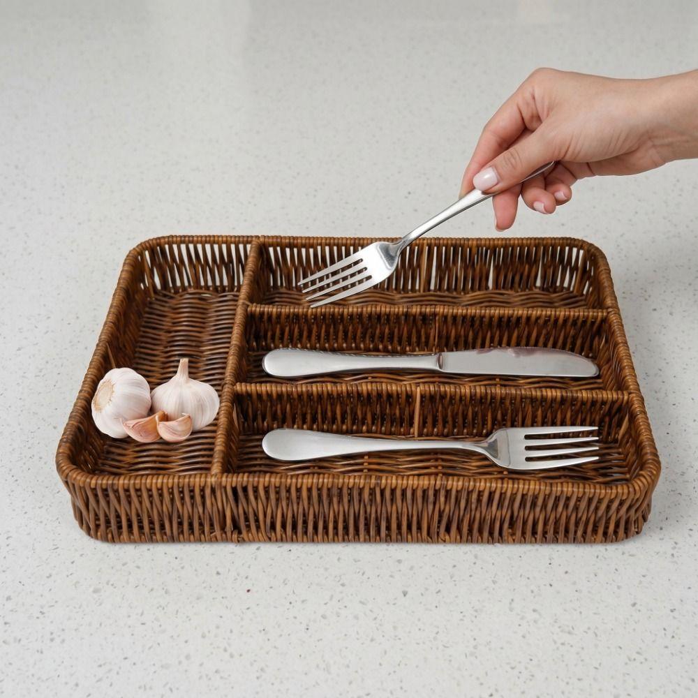 Anti-Slip Plastic Woven Storage Basket Rectangular Cutlery Organizer Spoons