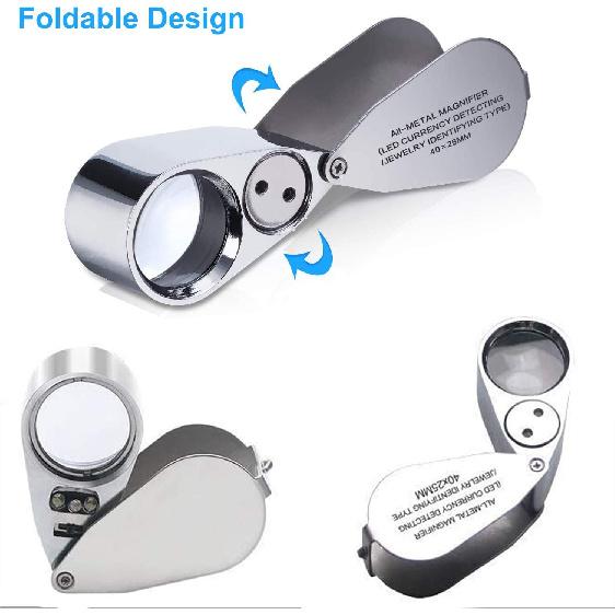 2 Pack 40X Illuminated Jewelers Loop, JLY Pocket Folding Full Metal Jewelers Loupe Magnifying Glass with Lights for LED Currency Detecting, Jewelry