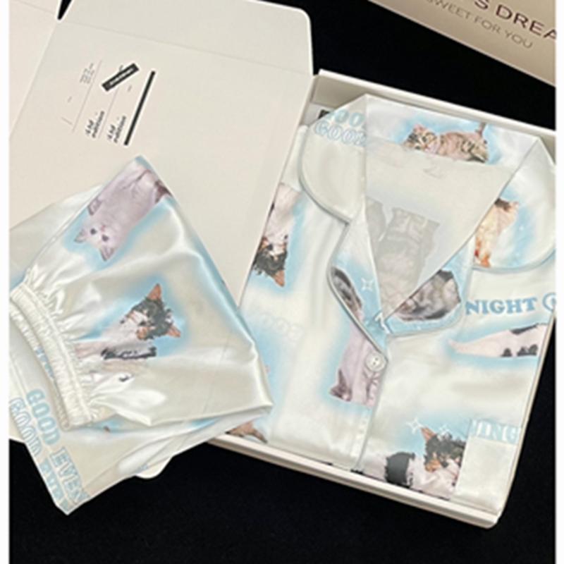 Летняя новая женская милая атласная шелковая пижама с цветочным принтом, короткий рукав + брюки, женская милая домашняя одежда, повседневная одежда